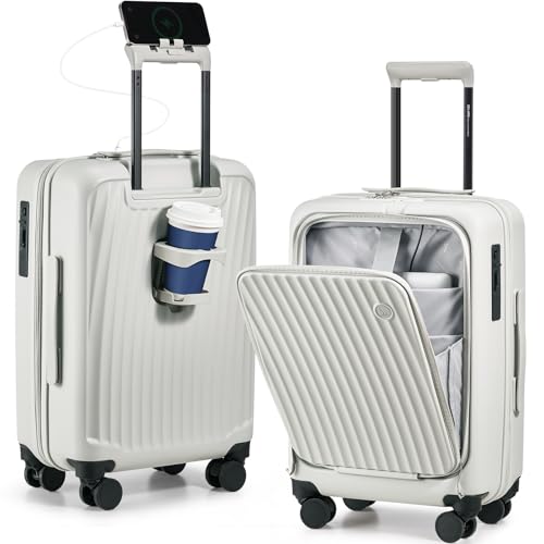 OIWAS Carry On Luggage with Cup Holder Top Opening Hardside Suitcase, White