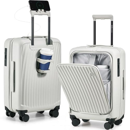 OIWAS Carry On Luggage with Cup Holder Top Opening Hardside Suitcase, White