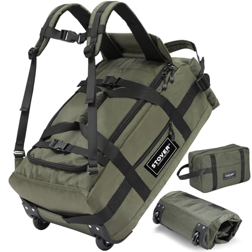 STOVER 45/100L Carry-On U-Zip Rolling Duffel Bag with Wheels, Medium Durable Travel Duffle w/Toiletry Bag, Heavy-Duty, Packable w/Shoulder Straps- Use as Luggage or Backpack, Men/Women (Green) - color: U-Zip Green
