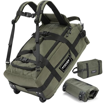 STOVER 45/100L Carry-On U-Zip Rolling Duffel Bag with Wheels, Medium Durable Travel Duffle w/Toiletry Bag, Heavy-Duty, Packable w/Shoulder Straps- Use as Luggage or Backpack, Men/Women (Green) - color: U-Zip Green