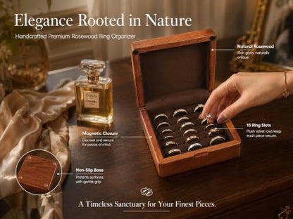 Solid Teak Wood Ring Box, Earring Holder Organizer - color: Brown Velvet, size: Small (5"L*5"W*2"H)