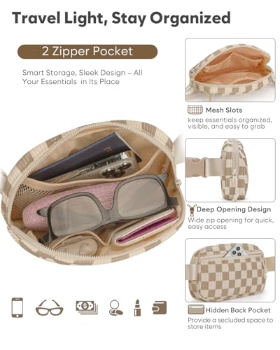 Pritent Fanny Packs for Women Crossbody Belt Bag With Zipper Back Pocket - color: Checkered Khaki, size: Large