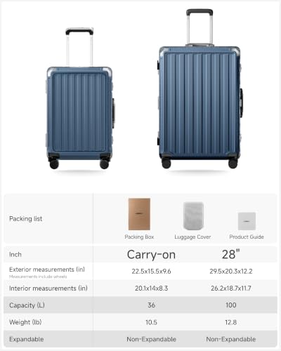 LUGGEX 2PC Front Open Zipperless Luggage Set, Aluminum Frame, Ocean Blue - color: Ocean Blue, size: 2 Piece Set（21 Pro/28）