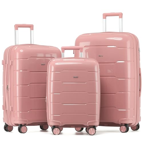 3-Piece Luggage Set Expandable Hardside Polypropylene Suitcase Set with TSA Locks & 8 Silent Spinner Wheels Lightweight Nested Suitcases Travel Set American Airline-Approved Carry-On - Pink - color: Pink, size: 3-Piece Set