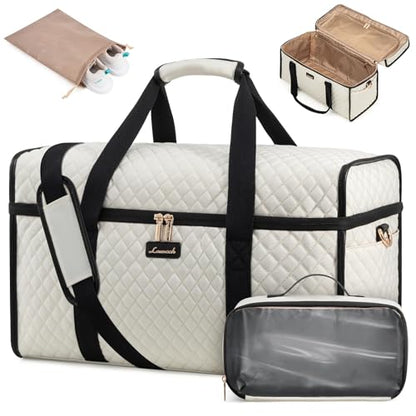 LOVEVOOK Travel Duffle Bag - Weekender & Overnight Bag with Toiletry & Wet Pocket, Carry-On Size, 3pc Set - color: Beige-Black, size: Large