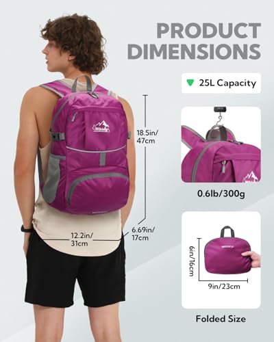 WATERFLY Small Lightweight Packable Hiking Backpack Foldable Travel Daypack - color: I-rose Red, size: 25L