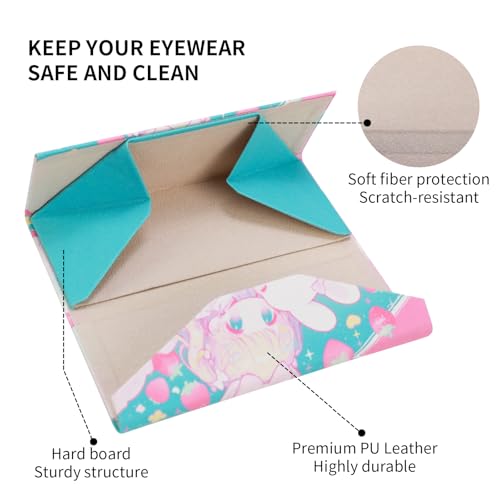 Foldable Glasses Case, Magnetic PU Leahter Sunglasses Case, Cute Hard Shell Folding Eyeglass Cases for Women Kids - color: Pink Bunny Girl