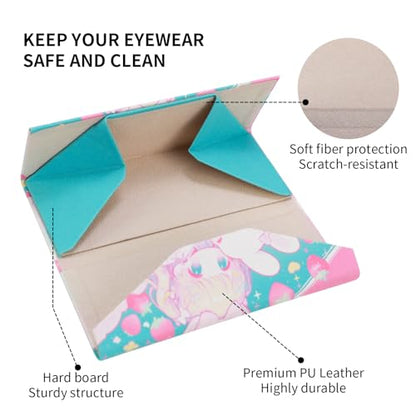 Foldable Glasses Case, Magnetic PU Leahter Sunglasses Case, Cute Hard Shell Folding Eyeglass Cases for Women Kids - color: Pink Bunny Girl