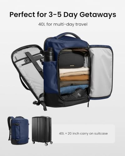 tomtoc Travel Backpack 40L, TSA Carry On Bag Flight Approved, PFAS Free - color: Dark Blue-ripstop, size: 40L
