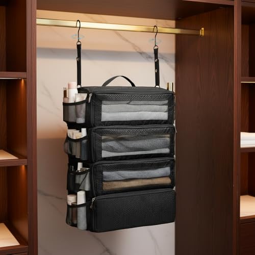 Hanging Suitcase Organizer with Laundry Bag, Travel Packing Cubes, Collapsible Portable Closet Shelves, Polyester, Black, Small