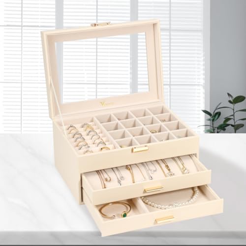 Voova 3-Layer PU Leather Jewelry Box with Glass Lid, Apricot - color: Apricot three-layer, size: 3 Layer