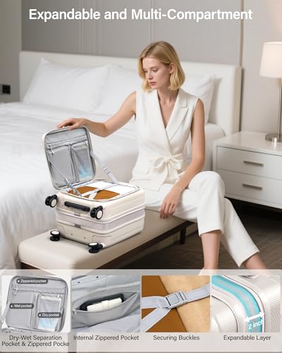 Hanke Top Opening Carry-On - Expandable 16 Inch Airline Approved Spinner - color: Ivory White, size: 16 Inch Expandable