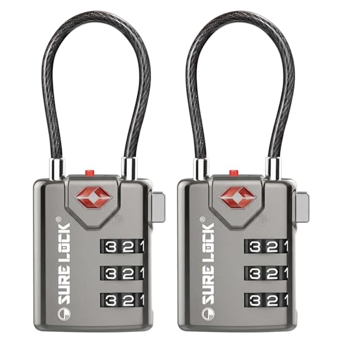 SURE LOCK TSA Approved Luggage Locks with Open Alert Indicator, 3 Digit Combination Cable Travel Lock for Suitcase, Backpack, Gym Locker, Toolbox & Travel Bag(Grey 2 Pack) - color: GREY 2 PACK