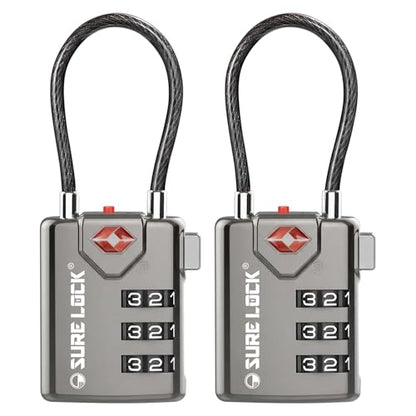 SURE LOCK TSA Approved Luggage Locks with Open Alert Indicator, 3 Digit Combination Cable Travel Lock for Suitcase, Backpack, Gym Locker, Toolbox & Travel Bag(Grey 2 Pack) - color: GREY 2 PACK