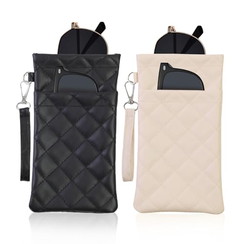 Double Eyeglass Case Soft Dual Glasses Case for Women Men Travel Squeeze Top Sunglasses Cases Eyeglasses Pouch - color: Black+white Lanyard