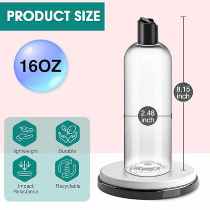 3Pcs 16 oz Clear Plastic Refillable Travel Bottles with Black Disc Top Caps - size: 3 Packs