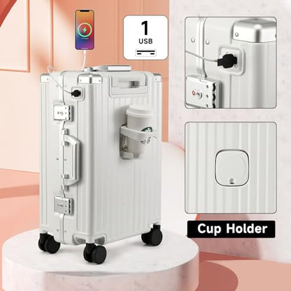 MYER Hard Case 24 Inch Checked Luggage with Spinner Wheels,Aluminum Luggage with 100% 3-Layer PC,Hard Shell Suitcases with Wheels,Cup Holder and USB Port - color: Milky White, size: 24 inch