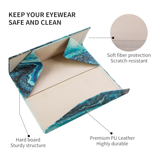 Foldable Glasses Case, Magnetic PU Leahter Sunglasses Case, Cute Hard Shell Folding Eyeglass Cases for Women Kids - color: Blue Sand