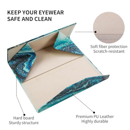 Foldable Glasses Case, Magnetic PU Leahter Sunglasses Case, Cute Hard Shell Folding Eyeglass Cases for Women Kids - color: Blue Sand