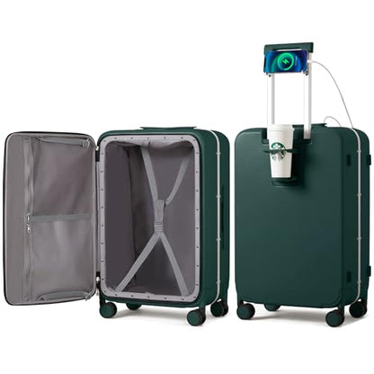mixi Large Checked Luggage with Cup Phone Holder and Charger Hard Shell Suitcases with Spinner Wheels, 26 Inch Blackish Green - color: Blackish green, size: 26-inch
