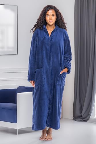 Women's Long Sleeve Plush Fleece Zip Up Robe, Zipper Bathrobe - color: Navy Blue, size: Large
