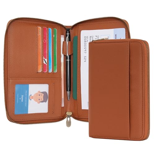 Leather Zipper Passport Wallet Holder Travel Essentials with RFID Blocking - color: Brown