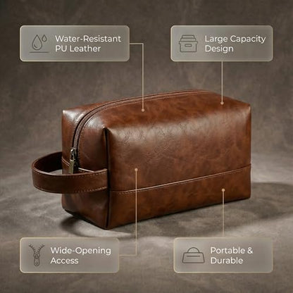 Toiletry Bag for Men, PU Leather Dopp Kit with Wide Opening, Handle and Inner Pockets, Water Resistant Travel Shaving Bag for Suitcase Gym and Bathroom, Brown - color: Brown