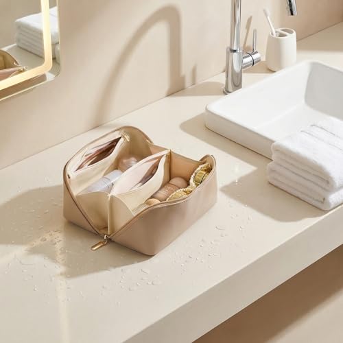 ALEXTINA Travel Makeup Bag, PU Leather Cosmetic Bag, Khaki - color: smooth khaki, size: Medium