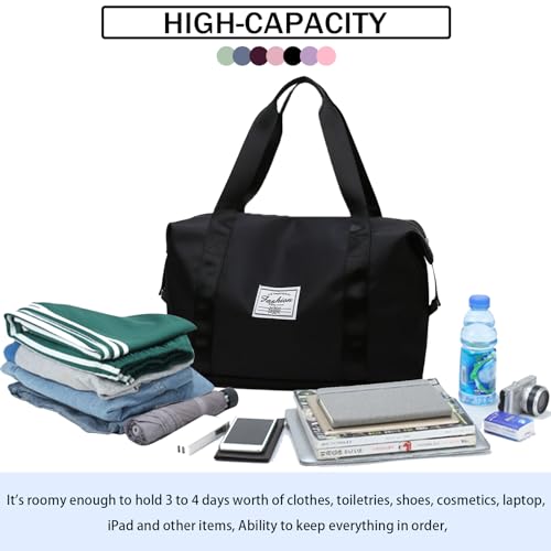 Travel Duffel Bag For Women and Men Waterproof Expandable Travel Bag Weekender Overnight Carry on Tote - color: black