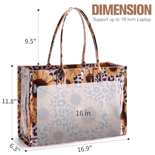 KALIDI PVC Tote Bag Women’s Kraft Paper Work Handbags Purses with Top Handle - color: Leopard Sunflower