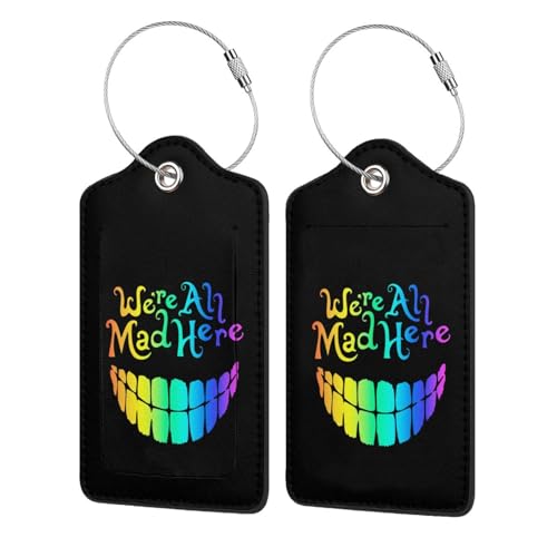 Luggage Tag for Suitcase TSA Cute Unique Leather Bag Tags Identifiers Privacy Cover ID Label with Durable Steel Loop for Women Men Kids Girls Travel - color: We're All Mad Here