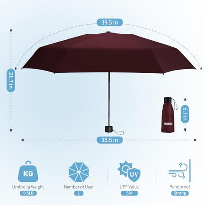 Yoobure Mini Travel Umbrella with Case, Compact Folding Umbrella - color: Burgundy Red