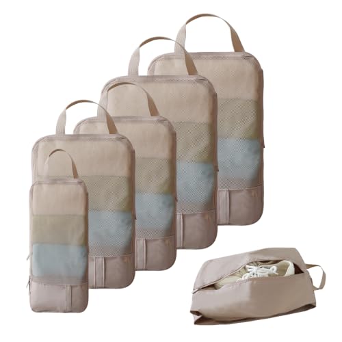 6 Set Compression Packing Cubes, Expandable Luggage Organizer Bags for Travel Essentials (6D-Light brown) - color: 6D-Light brown