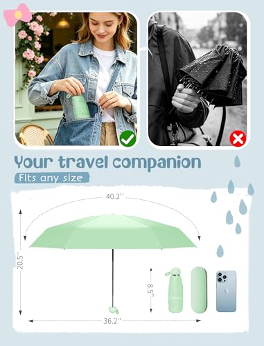 Jorilis Mini Compact Travel Umbrella with Case, Pocket Size UV Sun & Rain - color: Mint Green