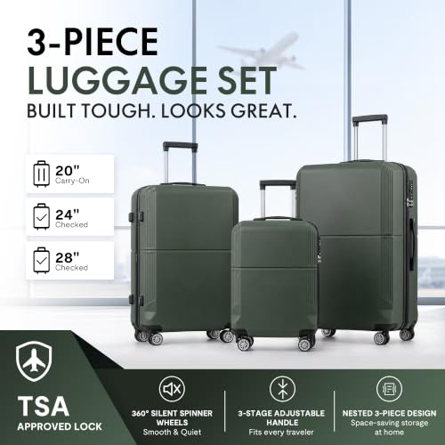 3-Piece ABS Hardshell Luggage Set, Lightweight Durable Suitcases with 4 Silent Spinner Wheels, TSA Lock & Scratch-Resistant Surface, 20"/24"/28", Dark Green - color: Dark Green+Solid