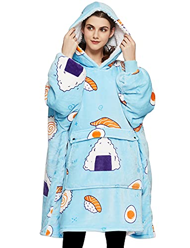KFUBUO Wearable Blanket Hoodie for Adults With Pocket Sushi Hoodie - color: Blue Sushi, size: Adult