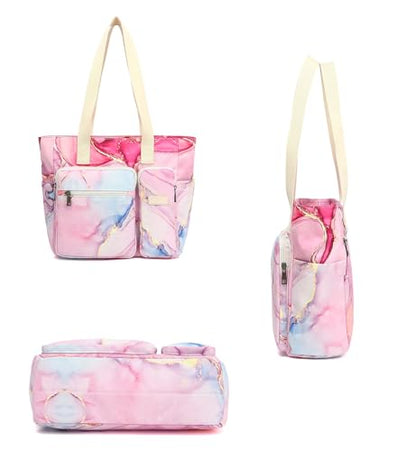 Women Tote Bag With Muti-Pockets,Lightweight Shoulder Bag,Large Capacity Handbag for Travel, Work, Gym - color: Pink Marble