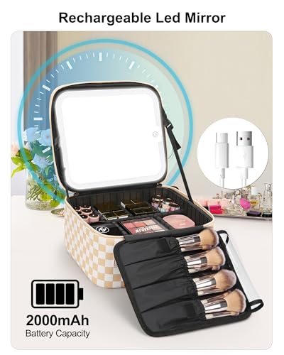 Relavel Travel Makeup Bag With LED Mirror, Cosmetic Train Case with Handle - color: 01-Plaid, size: 1-Small