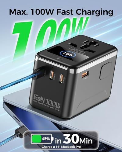 GaN 100W Universal Travel Adapter with Smart Display & 4 USB C/A Ports - color: GaN100W with Smart Display-Black