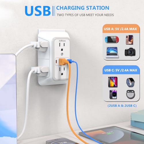 2 Pack Outlet Extender Surge Protector, 6 Outlet Splitter with 4 USB Outlet (2 USB A,2 USB C), 3Sided Power Strip with Adapter Spaced Outlets for Home, Office, Travel(White)-ETL - color: White 2 Pack
