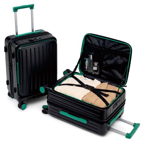 24-Inch Front Opening Hardside Checked Luggage, Black Green - color: Black+Green Zipper, size: 24 Inch Checked