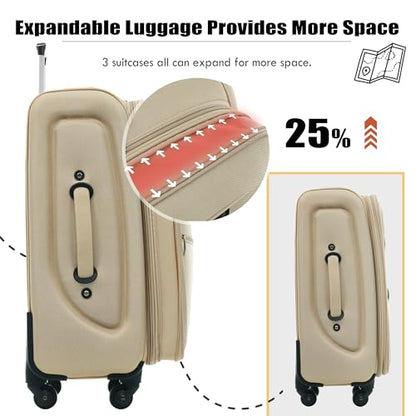 Merax Softside Luggage Set, Travel Suitcase Expandable Lightweight 3 Piece - color: Khaki, size: 22/26/30