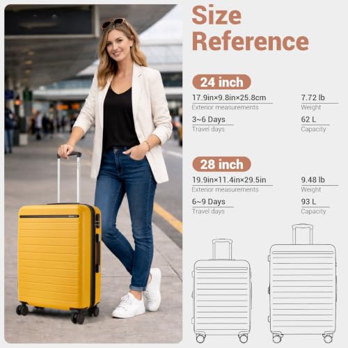 Kono Large Suitcase 28in Expandable ABS+PC 8pcs Silent Wheels Yellow - color: Yellow, size: Checked-Large 28-Inch