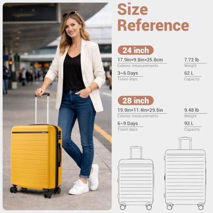 Kono Large Suitcase 28in Expandable ABS+PC 8pcs Silent Wheels Yellow - color: Yellow, size: Checked-Large 28-Inch