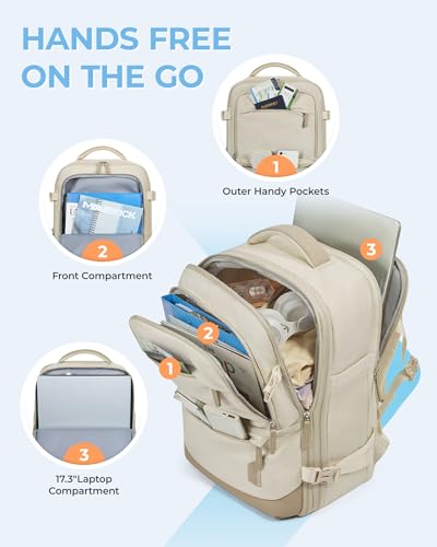 BAGSMART 37L Expandable Travel Backpack Compression Carry On Daypack - color: Warm Beige