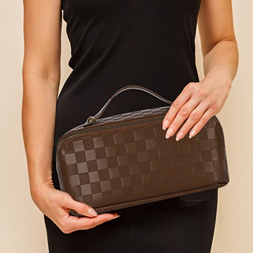 ALEXTINA Travel Makeup Bag, Checkered PU Leather Cosmetic Bag, Brown - color: brown, size: Medium