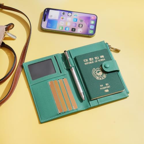 Leather Passport Cover Wallet Travel Essentials Holder with Zipper Pocket - color: Cyan
