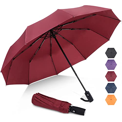 ZOMAKE Travel Umbrella Compact - 10 Ribs Portable Collapsible Umbrellas for Rain Windproof - Paraguas Automatic Small Folding Umbrella Lightweight Packable Umbrella for Women Men - color: Burgundy