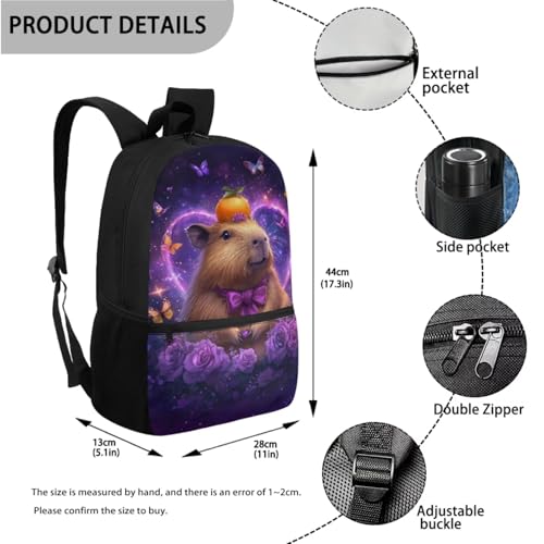 Cute Capybara Backpack for Girls with Lunch Box Set Elementary to Middle School Kids 4-in-1 Back to School Set Lightweight Bookbags for Age 6-8 8-10, Purple Rose Heart Design Back Pack - color: Capybara Glowing Heart