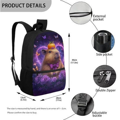 Cute Capybara Backpack for Girls with Lunch Box Set Elementary to Middle School Kids 4-in-1 Back to School Set Lightweight Bookbags for Age 6-8 8-10, Purple Rose Heart Design Back Pack - color: Capybara Glowing Heart